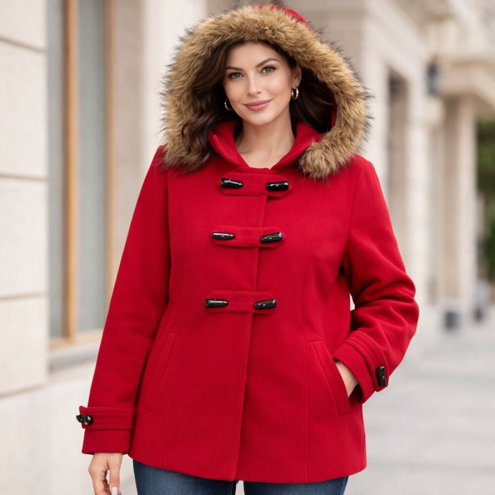 Style & Co Red Wool Blend Toggle Coat Faux Fur Hood XL - Picture 2 of 16